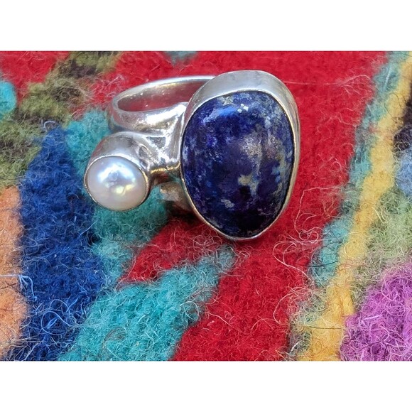 Vintage Jewelry - Vintage Pearl & Lapis Lazuli Sterling Ring, Chunky Southwestern Ring Size 8